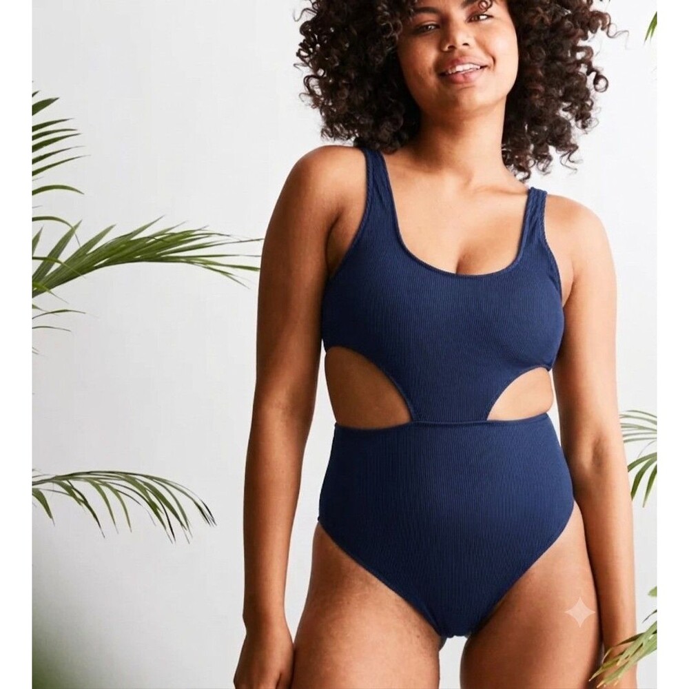 Aerie Size S Cut Out One Piece Swimsuit Blue Monokini Minimalist Cheeky